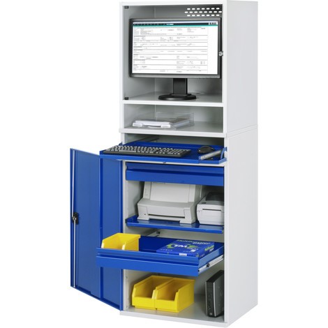 Armadio per computer RAU, alloggiamento monitor, ripiano estraibile per tastiera, anta a battente, cassetti