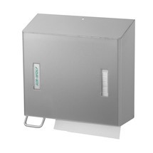 Combinatie van dispenser voor papieren handdoekjes en zeepdispenser links Air-Wolf