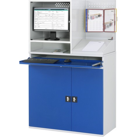 Computerkast RAU, monitorbehuizing, uitschuifblad voor het toetsenbord, dubbele draaideur, geperforeerde achterwand, lades