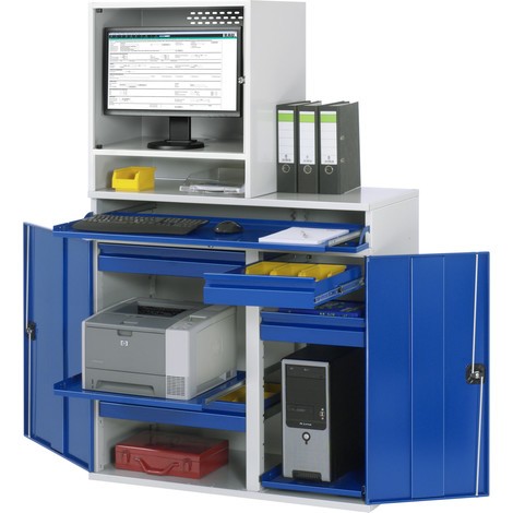 Computerkast RAU, monitorbehuizing, uitschuifblad voor het toetsenbord, dubbele draaideur, lades
