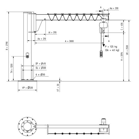 grúa FOQUE VETTER inclusivo polipasto eléctrico de cadena LIFTKET, diseño de columna, construcción|estructura baja, incl. material de montaje