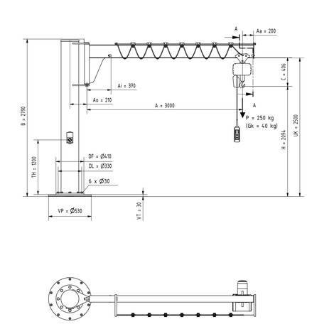 grúa FOQUE VETTER inclusivo polipasto eléctrico de cadena LIFTKET, diseño de columna, construcción|estructura baja, incl. material de montaje
