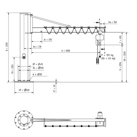 grúa FOQUE VETTER inclusivo polipasto eléctrico de cadena LIFTKET, versión en columna con refuerzo, incl. material de montaje