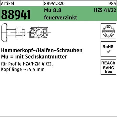 HALFEN Hammerkopfschraube R 88941 Typ HZS41/22 6-kantmutter