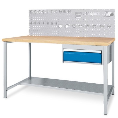 Kit completo Bedrunka+Hirth de mesa de banco de trabajo con cajón + pared trasera perforada + surtido de ganchos