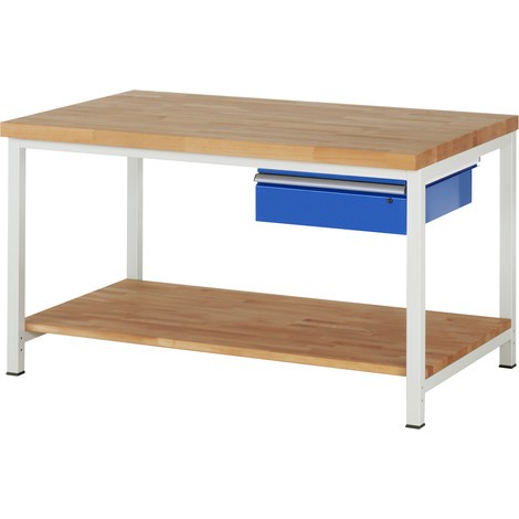 Ława warsztatowa RAU serii 8000, 1 półka z litego drewna bukowego, z szufladami, wysokość 840–1 040 mm