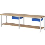 Ława warsztatowa RAU serii 8000, 1 półka z litego drewna bukowego, z szufladami, wysokość 840–1 040 mm