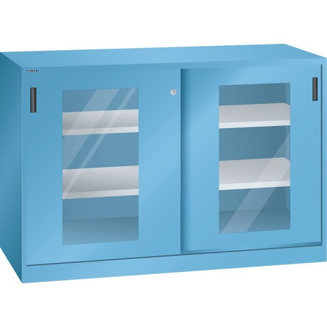 Manipulační skříň LISTA s posuvnými dveřmi, (ŠxV) 1500x1000 mm, 4 nastavitelné police, průzor