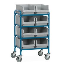 Manipulační vozík fetra® s průhlednými skladovacími boxy