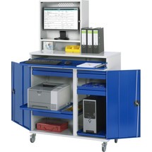 Mobilna szafka komputerowa RAU, obudowa monitora, szuflada na klawiaturę, podwójne drzwi skrzydłowe, szuflady