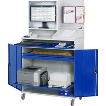 Mobilna szafka komputerowa RAU, obudowa monitora, szuflada na klawiaturę, podwójne drzwi skrzydłowe, tylna ściana z perforowaną płytą, szuflady