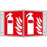 Panneau de protection incendie : extincteur avec flammes, panneau d'angle