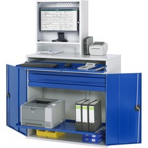 Počítačová skriňa RAU, kryt na monitor, vysúvateľný priečinok na klávesnicu, dvojité krídlové dvere, zásuv.