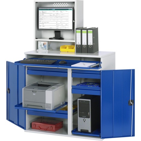 Počítačová skriňa RAU, kryt na monitor, vysúvateľný priečinok na klávesnicu, dvojité krídlové dvere, zásuv.