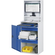 Počítačová skriňa RAU, kryt na monitor, vysúvateľný priečinok na klávesnicu, krídlové dvere, zásuv.