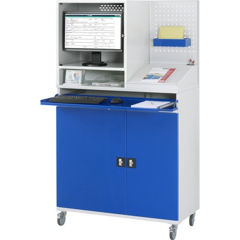 Počítačová skriňa RAU, kryt na monitor, vysúvateľný priečinok na klávesnicu, zadná stena z dierovanej dosky, dvojité krídlové dvere