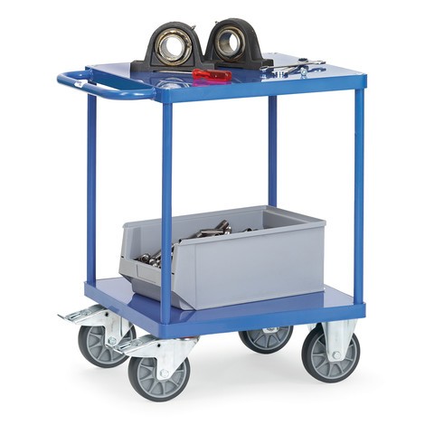 Pojízdný montážní vozík se stolkem fetra® s policemi z ocelového plechu