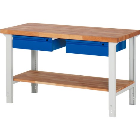 Pracovný stôl RAU série 7000, 2 zásuv., 1 odkladacie dno z bukového masívu, výška 790 – 1 140 mm