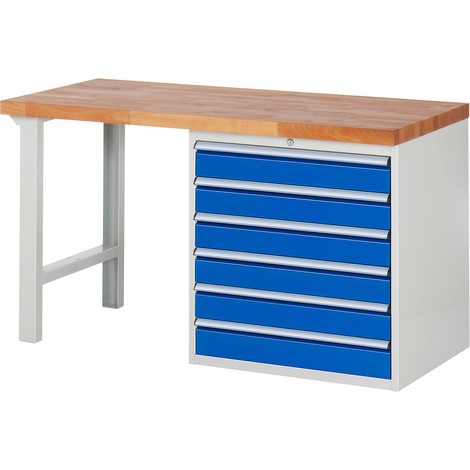 Pracovný stôl RAU série 7000, počet podstavných kontajnerov: 1, 6 zásuv., v × d 840 × 700 mm