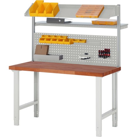 Pracovný stôl RAU série 7000, pracovná doska z masívu buka lesného, 1 podstavný kontajner so zásuvkami, výška 790 – 1 140 mm