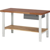 Pracovný stôl RAU série 7000, pracovná doska z masívu buka lesného so zásuvkami, 1 odkladacie dno z bukového masívu, výška 790 – 1 140 mm