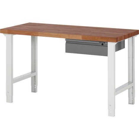 Pracovný stôl RAU série 7000, pracovná doska z masívu buka lesného so zásuvkami, výška 790 – 1 140 mm