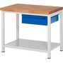Pracovný stôl RAU série 8000, pracovná doska z bukového masívu, hrúbka 40 mm, 1 odkladacie dno, 1 zásuvka, výška 840 – 1 040 mm