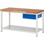 Pracovný stôl RAU série 8000, pracovná doska z bukového masívu, hrúbka 40 mm, 1 odkladacie dno, 1 zásuvka, výška 840 – 1 040 mm