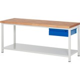 Pracovný stôl RAU série 8000, pracovná doska z bukového masívu, hrúbka 40 mm, 1 odkladacie dno, 1 zásuvka, výška 840 mm