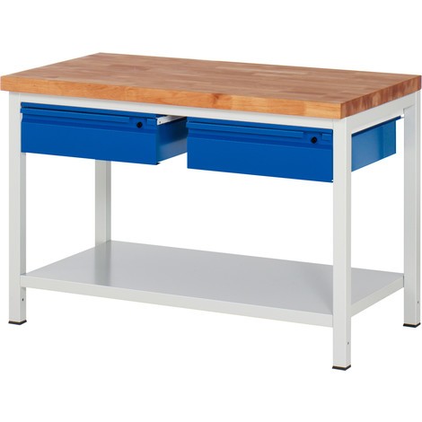 Pracovný stôl RAU série 8000, pracovná doska z bukového masívu, hrúbka 40 mm, 1 odkladacie dno, 2 zásuv., výška 840 – 1 040 mm