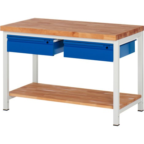 Pracovný stôl RAU série 8000, pracovná doska z bukového masívu, hrúbka 40 mm, 1 odkladacie dno, 2 zásuv., výška 840 – 1 040 mm