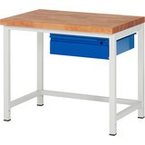 Pracovný stôl RAU série 8000, pracovná doska z bukového masívu, hrúbka 40 mm, 1 zásuvka, výška 840 – 1 040 mm