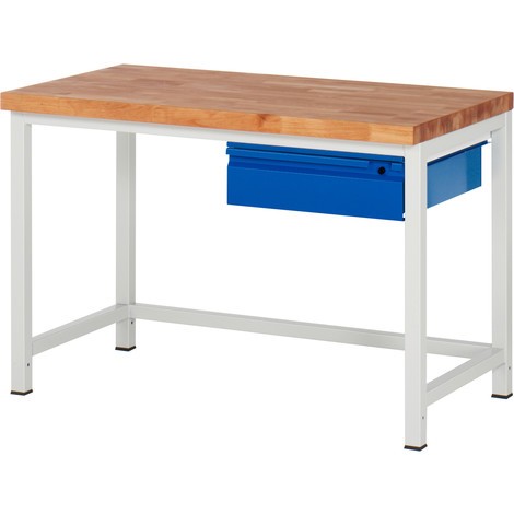 Pracovný stôl RAU série 8000, pracovná doska z bukového masívu, hrúbka 40 mm, 1 zásuvka, výška 840 – 1 040 mm