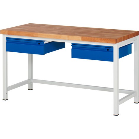 Pracovný stôl RAU série 8000, pracovná doska z bukového masívu, hrúbka 40 mm, 2 zásuv., výška 840 – 1 040 mm
