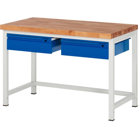 Pracovný stôl RAU série 8000, pracovná doska z bukového masívu, hrúbka 40 mm, 2 zásuv., výška 840 mm
