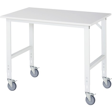 Regulowany pod względem wysokości mobilny stół warsztatowy RAU z serii TOM, wysokość 910–1230 mm