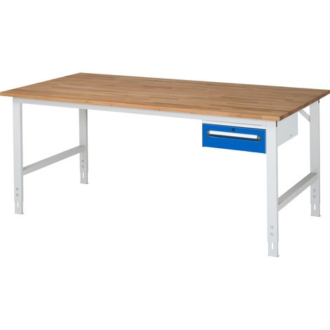 Regulowany pod względem wysokości stół warsztatowy RAU z serii TOM, wys. x gł. 760–1080 mm, 1 szuflada