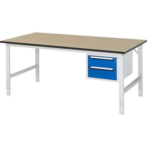 Regulowany pod względem wysokości stół warsztatowy RAU z serii TOM, wys. x gł. 760–1080 x 1000 mm, 2 szuflady