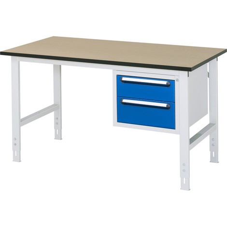 Regulowany pod względem wysokości stół warsztatowy RAU z serii TOM, wys. x gł. 760–1080 x 1000 mm, 2 szuflady