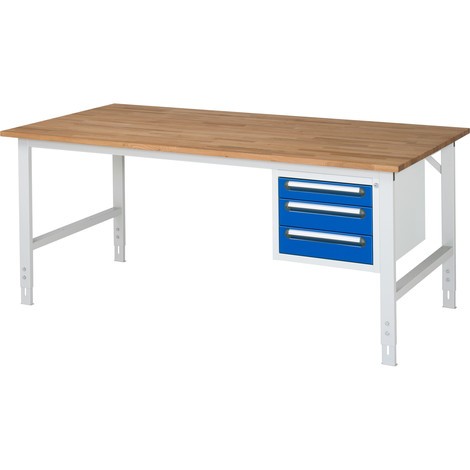 Regulowany pod względem wysokości stół warsztatowy RAU z serii TOM, wys. x gł. 760–1080 x 1000 mm, 3 szuflady