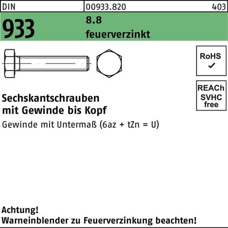 DIN 933 Sechskantschrauben mit Gewinde bis Kopf, 8.8 galvanisch