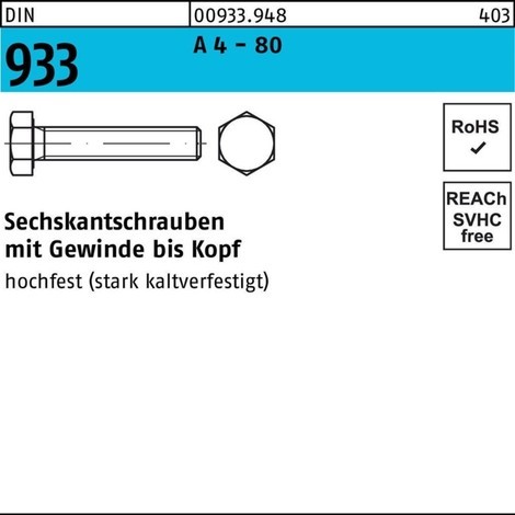 Reyher Sechskantschraube DIN 933 VG A 4 - 80