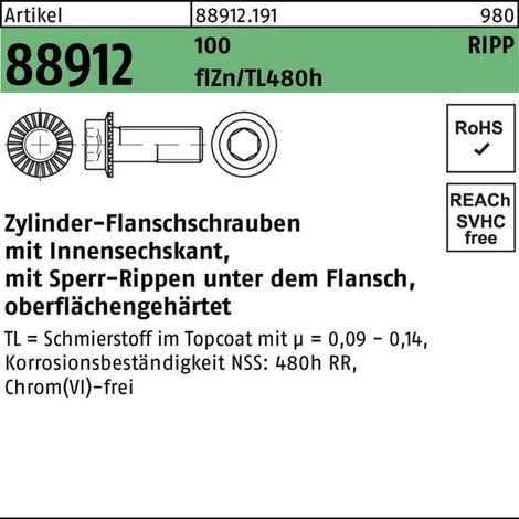 Reyher Zylinderflanschschraube R 88912 Sperr-Ripp Innen-6-kant flZnnc480h-L