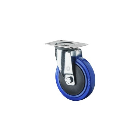 Rullo di trasporto in gomma elastica, blu, rullo orientabile, cuscinetto a sfera, piastra