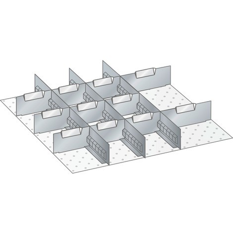 Sada děrovaných nástěnných panelů a dělicích plechových příček LISTA 27x27E, (ŠxHxVV) 459x459x50 mm, 3 děrované nástěnné panely, 11 dělicích plechových příček