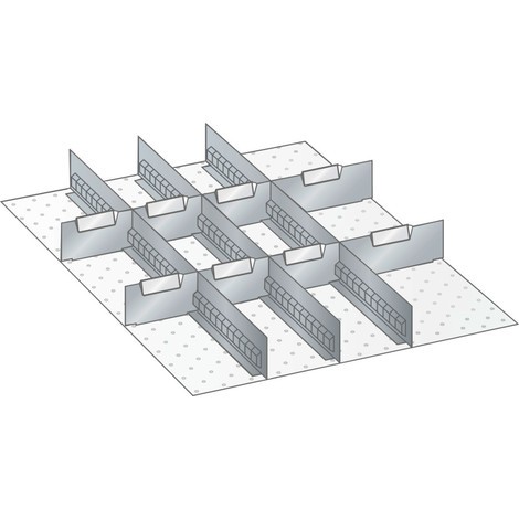 Sada děrovaných nástěnných panelů a dělicích plechových příček LISTA 27x36E, (ŠxH) 459x612 mm, 3 děrované nástěnné panely, 8 dělicích plechových příček
