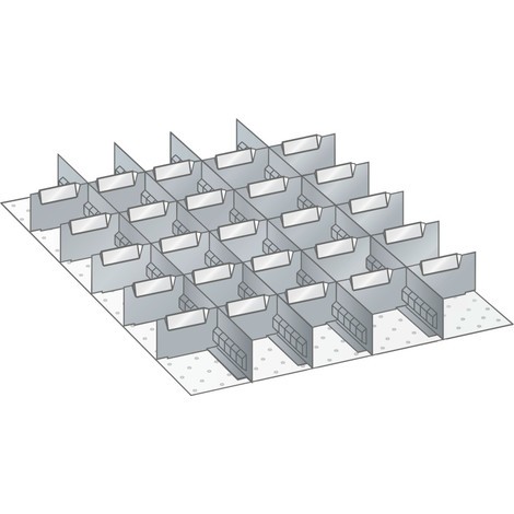 Sada děrovaných nástěnných panelů a dělicích plechových příček LISTA 27x36E, (ŠxH) 459x612 mm, 4 děrované nástěnné panely, 25 dělicích plechových příček