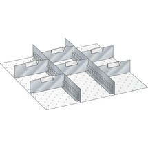 Sada děrovaných nástěnných panelů a dělicích plechových příček LISTA, (ŠxH) 459x510 mm, 2 děrované nástěnné panely, 6 dělicích plechových příček