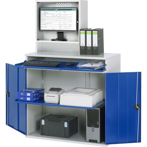 Skříň pro počítač RAU, kryt na monitor, zásuvka na klávesnici, dvojité křídlové dveře