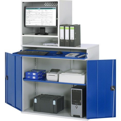 Skříň pro počítač RAU, kryt na monitor, zásuvka na klávesnici, dvojité křídlové dveře